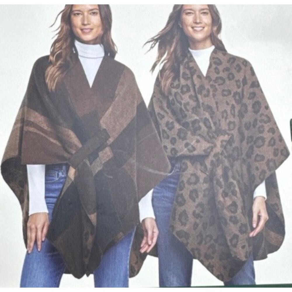 Woolrich Women's Reversible Wrap Shawl Brown Plaid & Animal Print Soft Cozy - Picture 5 of 15